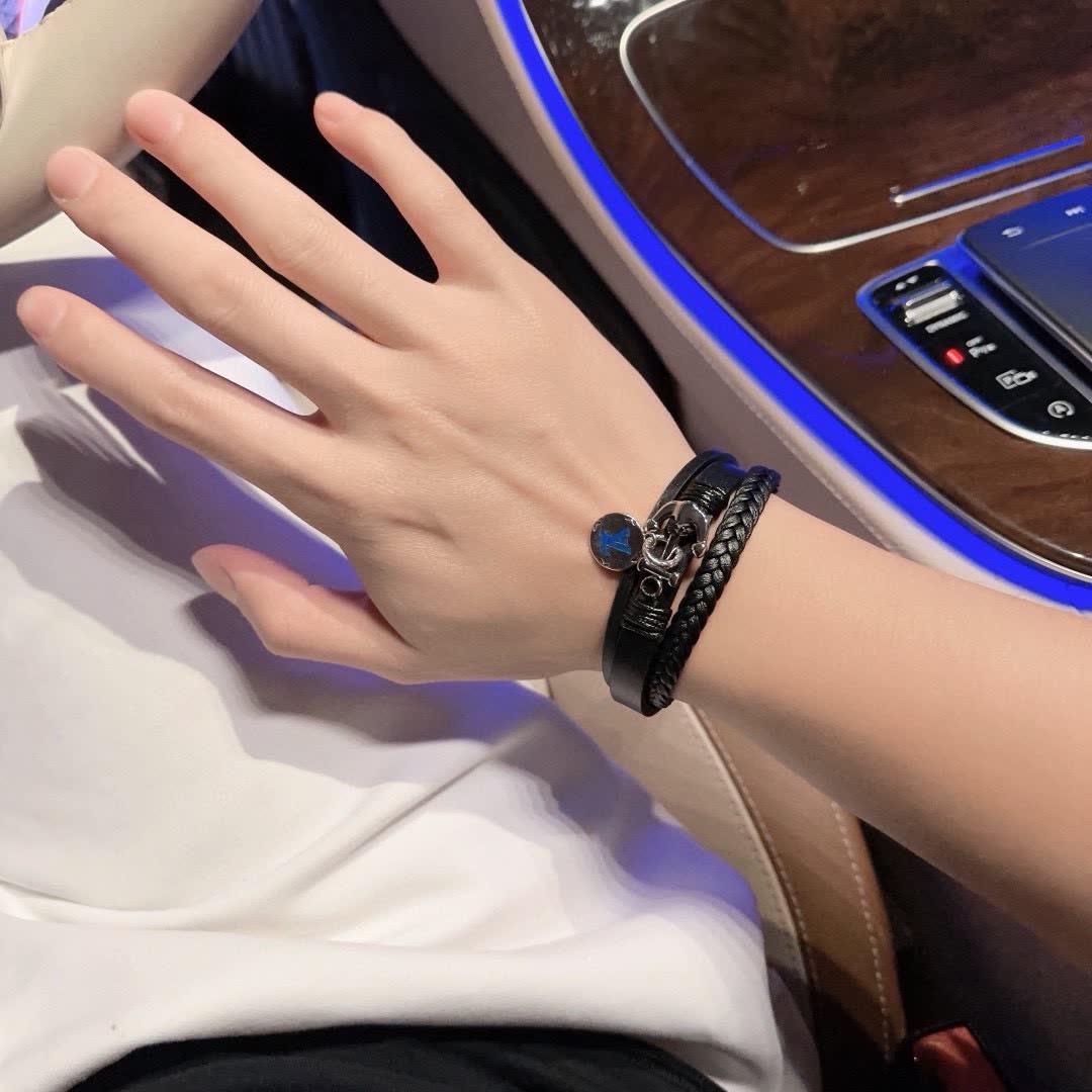 Louis Vuitton Black Leather Bracelet with Anchor Charm